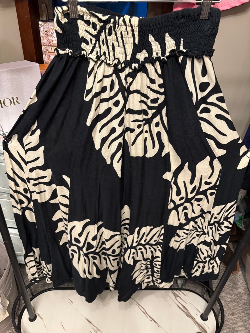 Black & Cream Smocked Waist Wide-Leg Pants
